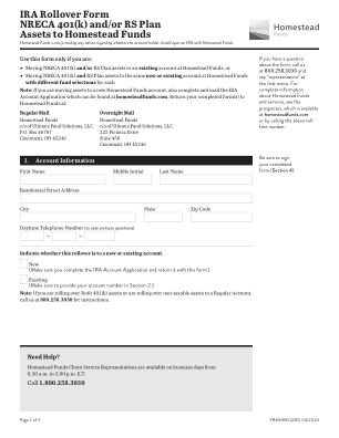 IRA 转存表格 NRECA 401(k) 和/或 RS 计划资产至 Homestead 基金